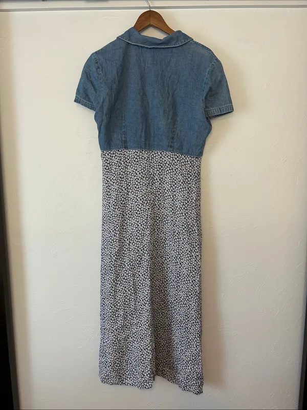 Denim Bodice Floral Maxi Dress - Blue/White - Image 4