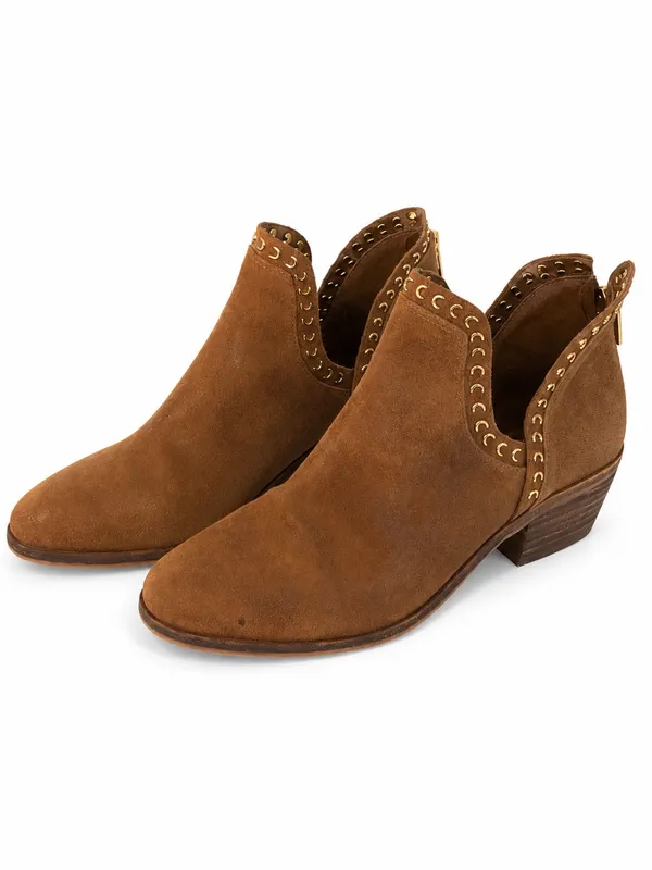 Vince Camuto Brown Suede Western Ankle Boots Gold Studs Size 7.5 - Image 2