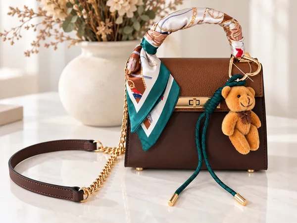 ALDO Brown Top Handle Satchel Handbag Scarf Charm Gold Chain Preppy Chic Quiet Luxury - Image 2