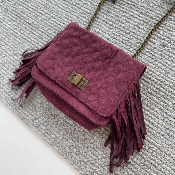 Art Class Burgundy Quilted Faux Suede Fringe Mini Bag Purse Crossbody - Image 10