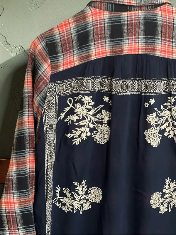 Free People Behind The Flannel Plaid & Floral Bandana Mixed Media Button Down - Image 10