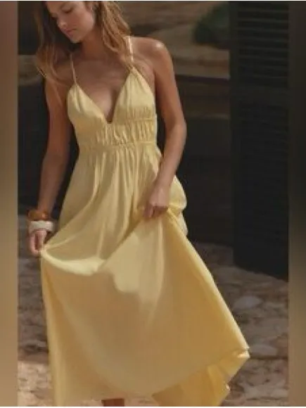 Zara Pastel Yellow Modal Blend Maxi Dress Open Tie Back Smocked Waist Medium - Image 8