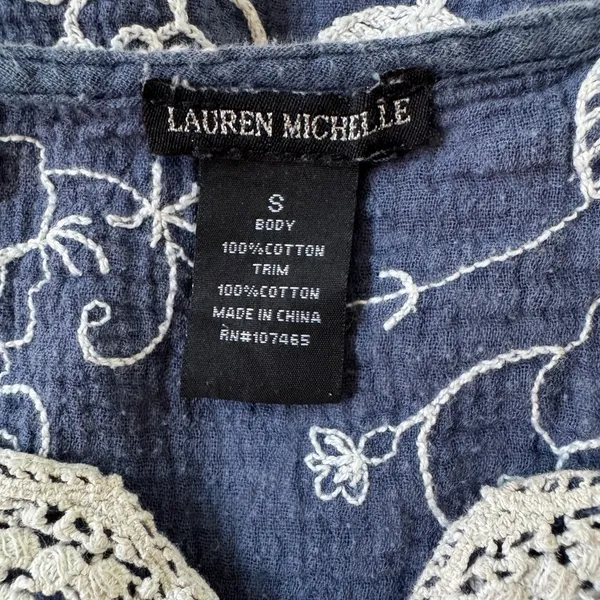 Lauren Michelle Blue & Cream Embroidered 3/4 Sleeve Blouse - Image 7