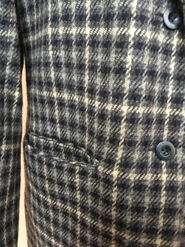 Eddie Bauer Wool Check Long Blazer Jacket Cream Navy Blue M Academia - Image 6