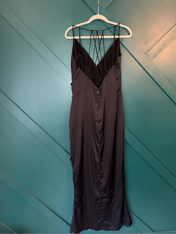 Aliava Marlyn Strappy Satin Evening Gown Prom Cage Back Thigh High Side Slit - Image 4