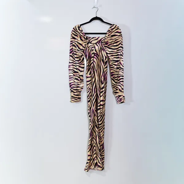 NEW ASOS Zebra Animal Print Pattern Satin Puff Long Sleeve Midi Dress 4 - Image 4