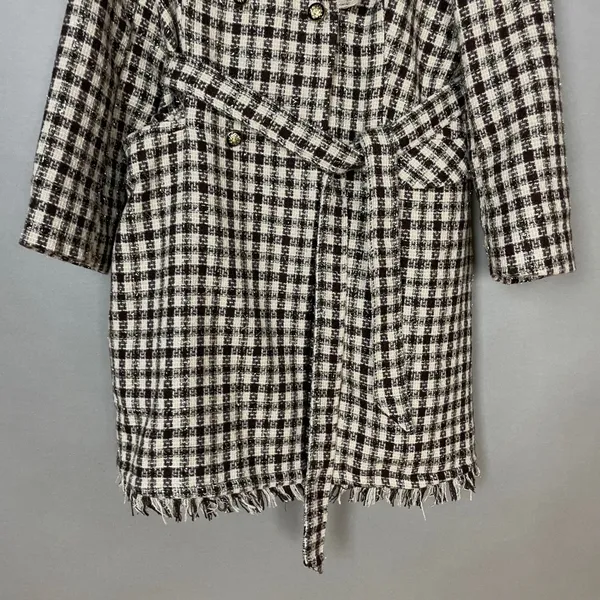NWT Grace Karin Tweed Pea Coat Plaid Women Size XL Raw Edges Belted Cream Brown‎ - Image 5