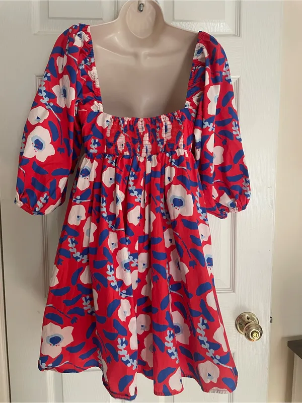 Anthropologie Hutch Bold Red and Blue Puffy Sleeve Mini‎ Dress - Image 3