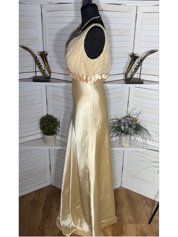 Vintage 90s prom dress golden satin open back mermaid formal homecoming fairy S - Image 3