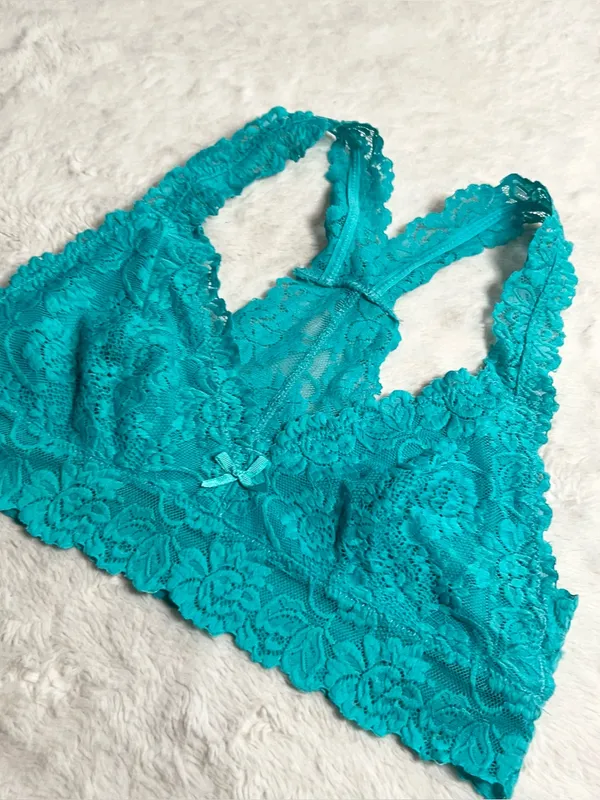 Teal Blue Lace Racerback Bralette Size Medium Aqua Wireless Comfort Lacy Stretch - Image 4