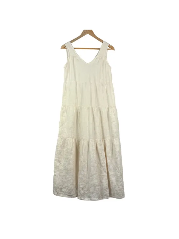 Quince Organic Cotton Gauze Tiered V-Neck Maxi Cream Dress Size xs - Image 4