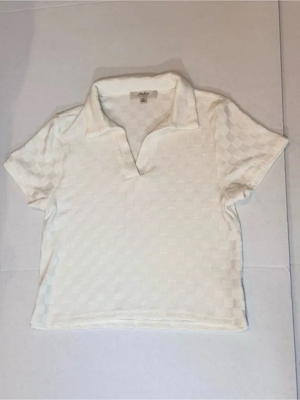 Ivory Checkerboard Knit Polo Top M Textured Johnny Collar Preppy Cropped Tennis - Image 6