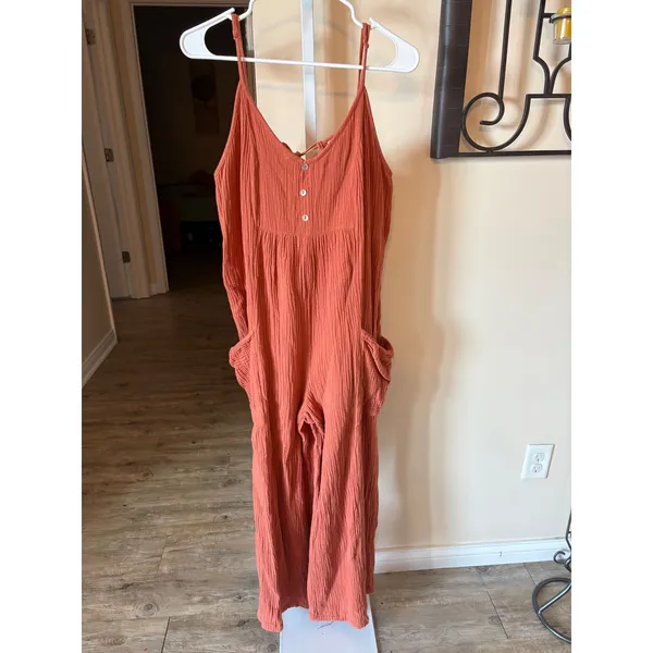 Easel Terracotta Rust Gauze Wide Leg Jumpsuit Adjustable Straps Pockets Medium - Image 2