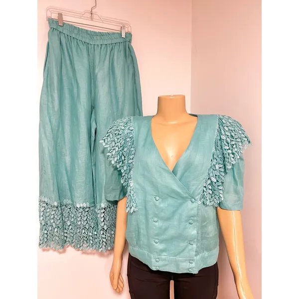 LERMAJ Vintage Teal Linen Blend Two Piece Set Lace Wrap Top Wide Leg Pants M/L - Image 2