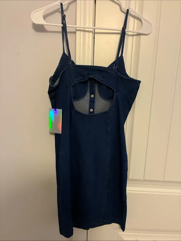 iris Dark Blue Button-Front Denim Slip Dress - Image 4