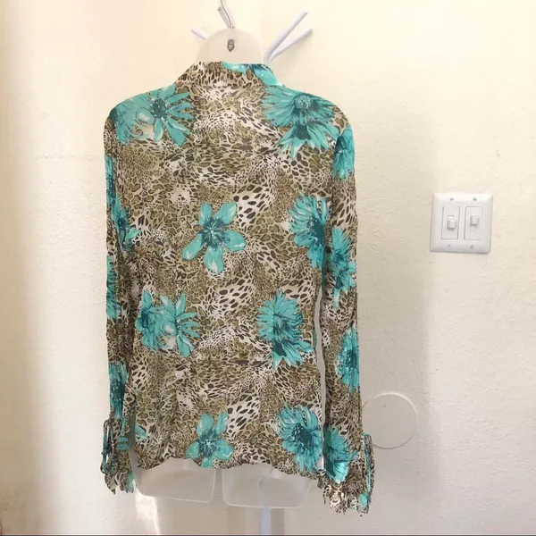 Rare Y2K Belissimo Leopard patchwork fitted shirt top blouse turquoise floral button ruffles boho hippie indie office siren core long sleeve-M - Image 3