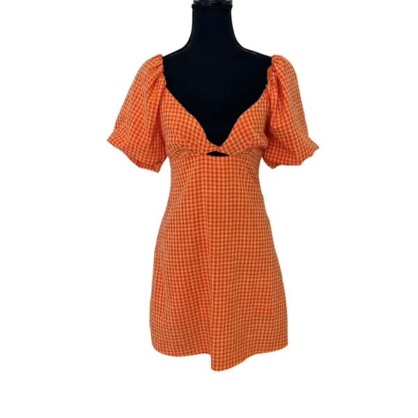 Louna Orange Gingham Mini Dress SMALL Peasant Puff Sleeve Milkmaid Cotton $108 - Image 10