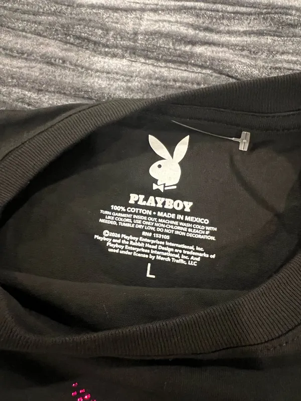 Playboy Black T-Shirt with Pink Rhinestone Bunny Size L - Image 2