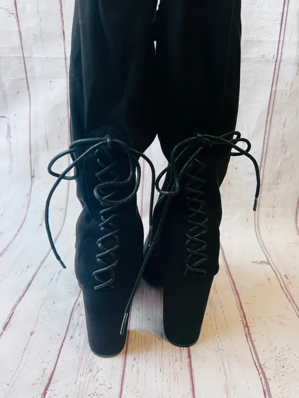 Ivona Stretch Over The Knee Boots Black Faux Suede Tie Detail 4” Heel - Image 7
