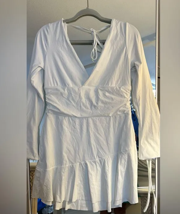 NEW White Long Sleeve Ruched Deep V A-Line Mini Dress XL - Image 4