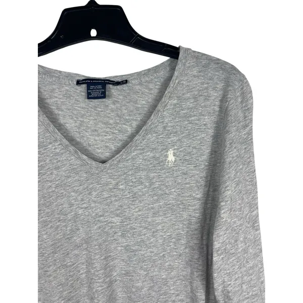 Ralph Lauren Sport Gray Cotton V Neck Long Sleeve T-Shirt L Preppy Pony Logo Y2K - Image 4