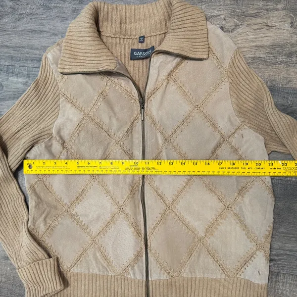 Rem‎ Garson Women's Tan Suede Leather Knit Zip Up Jacket Cardigan Festival Retro - Image 6