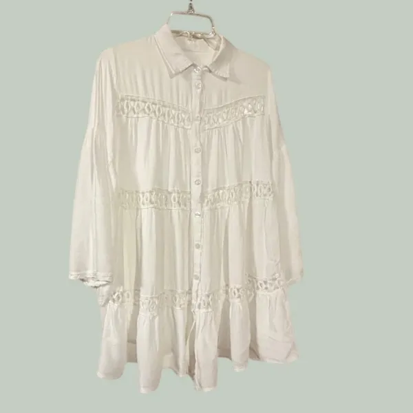 Boho White Tiered Button‎ Down Tunic Crochet Lace Bell Sleeve Top - Image 2