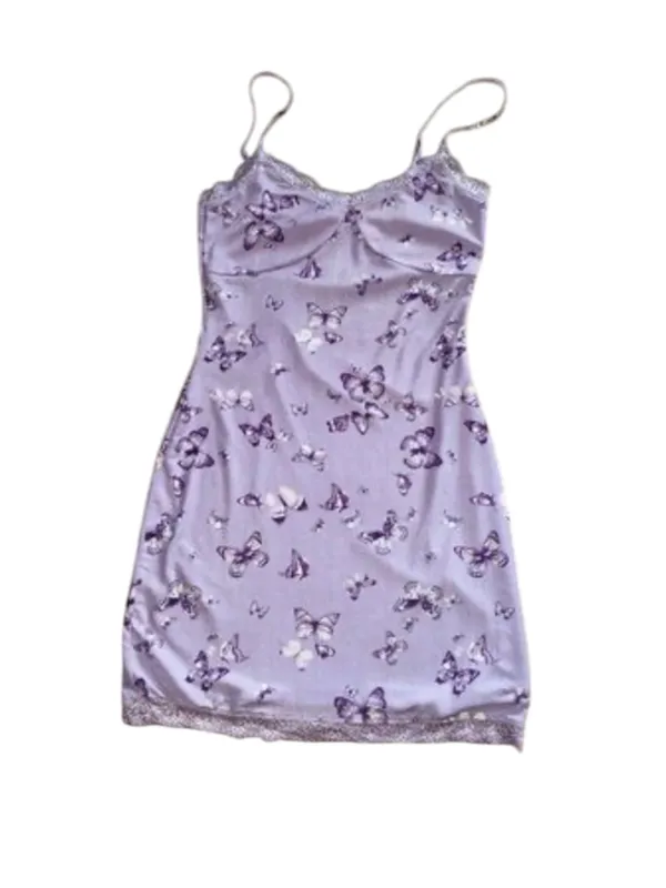 Purple Butterfly Print Babydoll Mini Slip Dress Lace Trim Y2K Fairycore Coquette - Image 2