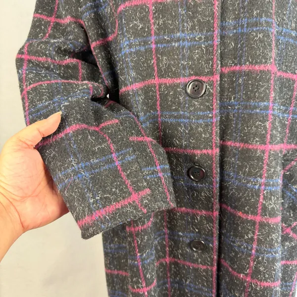 Vintage Plaid Maxi Coat Wool Blend Mock Neck Pink Blue Gray Womens Large‎ Mexico - Image 4