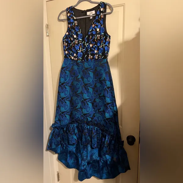 Badgley Mischka Belle‎ Blue Tapestry Jacquard Gown Dress Blue Retro High Low - Image 3