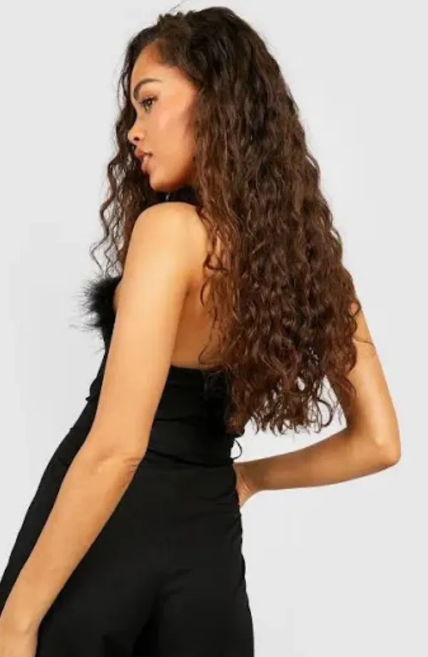 Zaful Black Velour Feather Trim Bodysuit - Image 2
