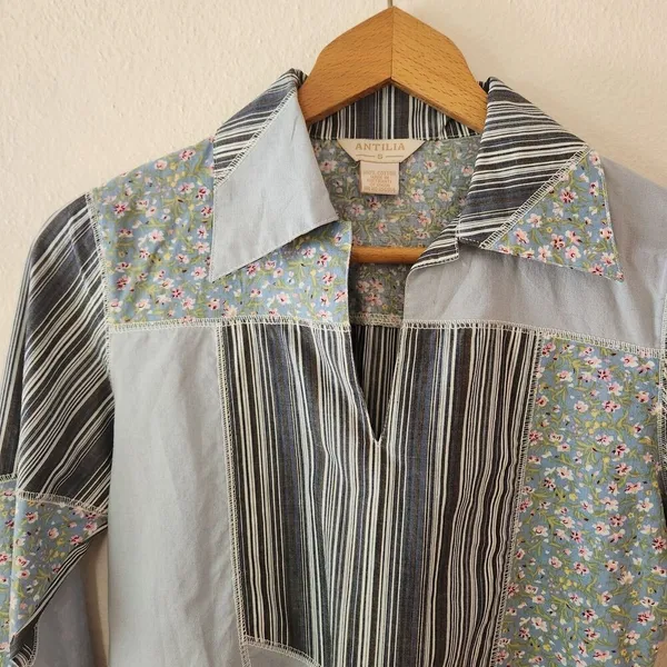 ANTILIA 3/4 Sleeve Floral Stripe Patchwork V-Neck Blouse Top Sz S Cottagecore - Image 4