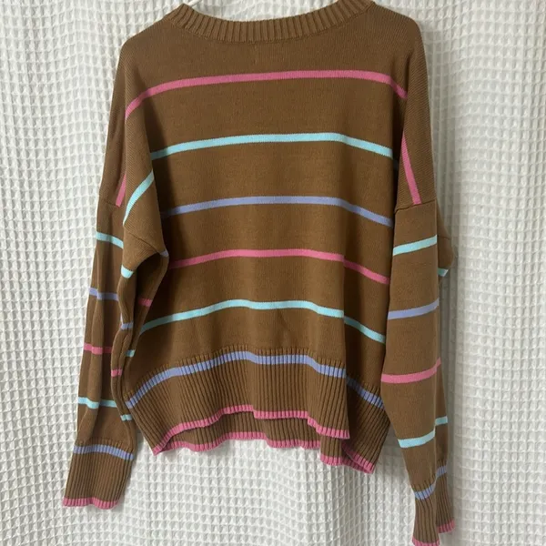 Lands End Women's Drifter Easy Fit Sweater Honey Beige Multi Stripe Large Cotton - Image 8