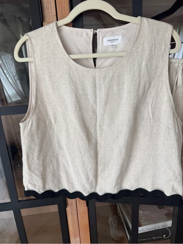 Anniewear linen set contrast trim scalloped beige tank crop top shorts neutral - Image 3