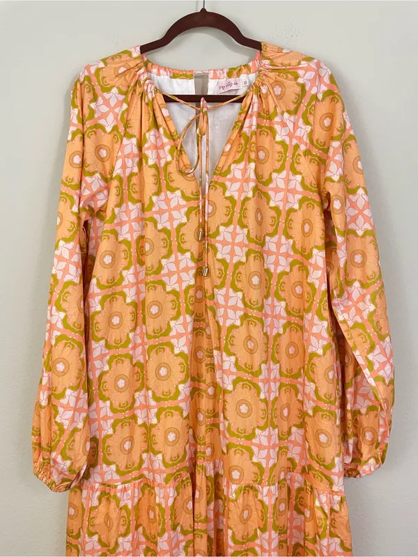 Ivy City Co Imogen Dress Orange Pink Floral Tie Neck Long Sleeve Maxi‎ Size XS - Image 3