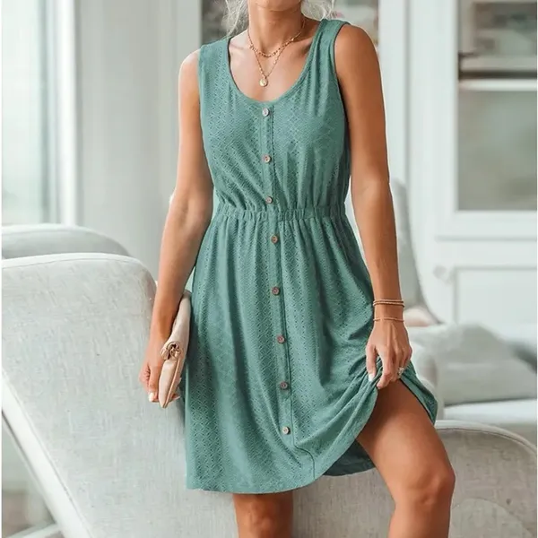Women's Sleeveless Button Midi Dress Textured Eyelet Elastic Waist scoop Neck - Image 6