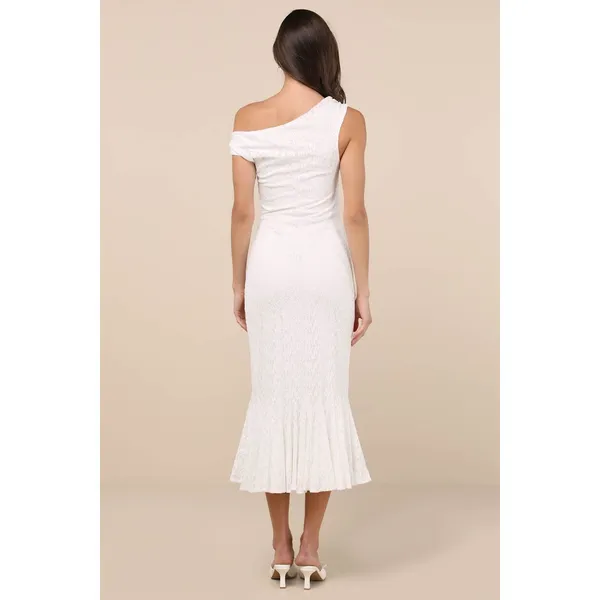 NWT Lulus Nadie White Lace Asymmetrical Midi Dress Bridal Bride Wedding Size M - Image 3