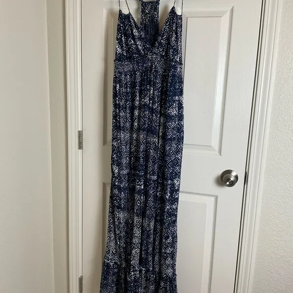 Lucky Brand John Robshaw Crochet Lace Back Maxi Dress Navy Blue White Small Boho - Image 3