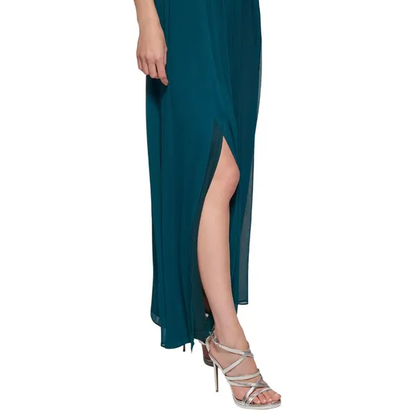 DKNY Chiffon Balloon-Sleeve Faux Wrap Side Slit Maxi Dress Forest Green 8 - Image 11