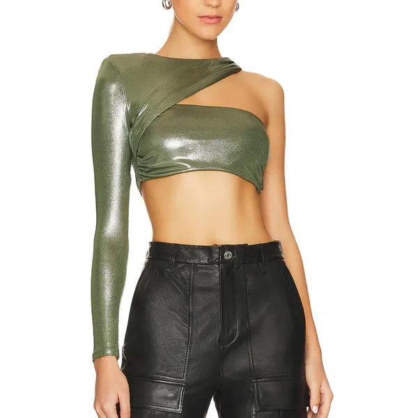 NBD Metallic Green One Shoulder Crop Top LARGE Asymmetric Club Rave Revolve $158 - Image 2
