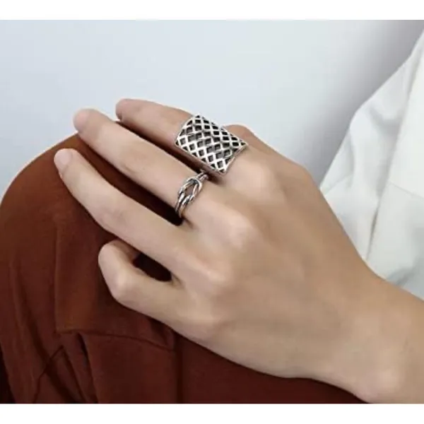 Solid Statement Ring White Gold Plated Sterling Adjustable‎ Lattice Wide Band - Image 4