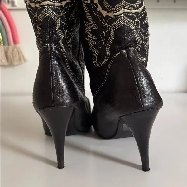 Ellie Black Embroidered Heeled Boots EUC - Image 3