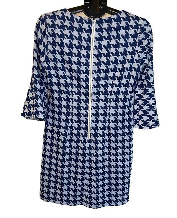 Tyler Boe Ponte Knit Bell Sleeve Blue Houndstooth Check Shift Dress Size S - Image 4