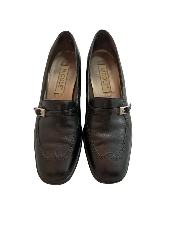 Nicole Shatter Black Leather Wingtip Buckle Loafer Heels Heel Toe Size 7 Women's - Image 8