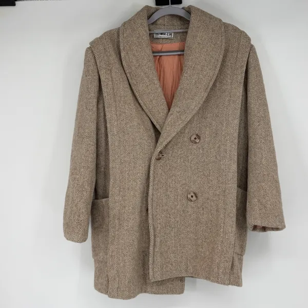 Herman Kay Vintage Herringbone Wool Blend Double Breasted‎ Coat Brown Tan USA - Image 2
