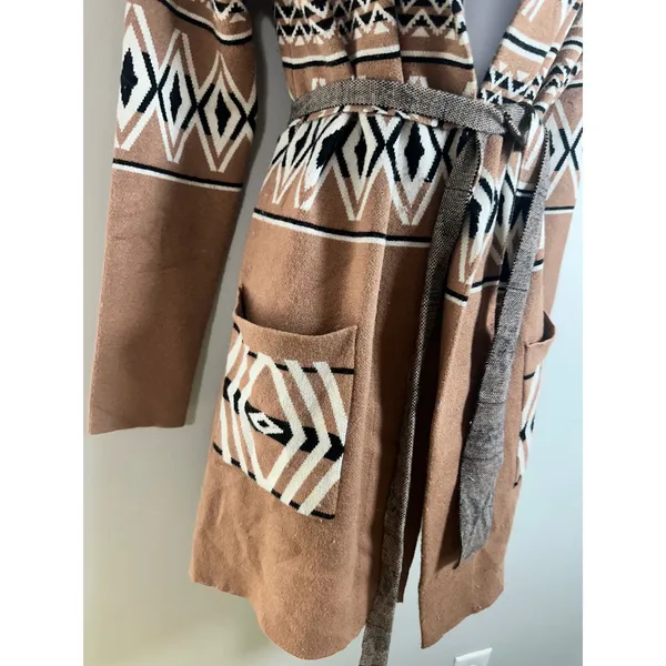Rachel Zoe Womens Aztec Hooded Belted Cardigan‎ Sweater Brown Geometric Small - Image 3