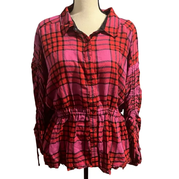 Free People Women's Pink Red Plaid Wool Blend Pacific Dawn Shirt Sz L Flannel - Image 2