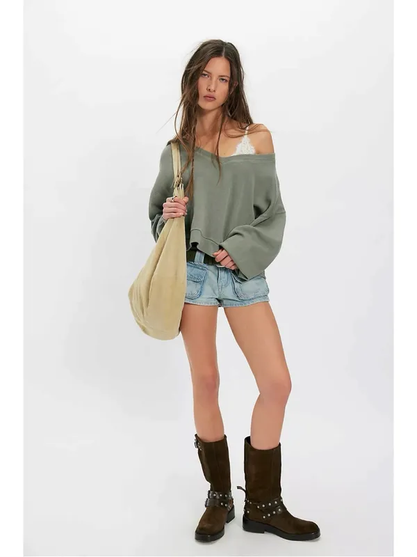 Free People Oversized Comfort Zone V Neck Pullover Sweatshirt Basil Medium NWT - Image 3