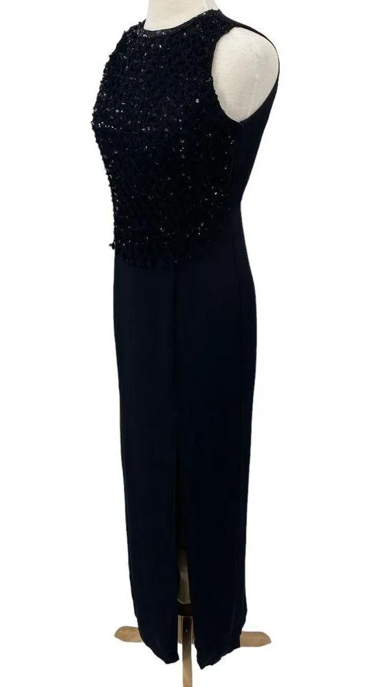 Vintage 90s Column Maxi Dress Sequin Fishnet Crochet Overlay Black NEW Womens S - Image 4