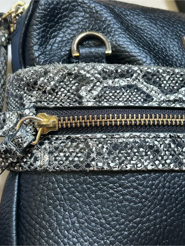 Halston Leather Black Crossbody Bag with Snake-Print Trim - Image 13